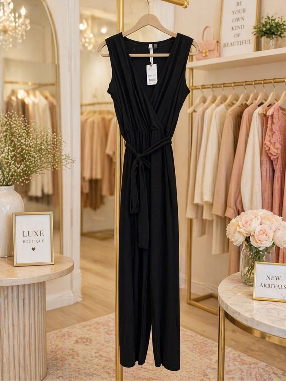 Black Sleeveless Wrap-Front Jumpsuit with Tie Waist
